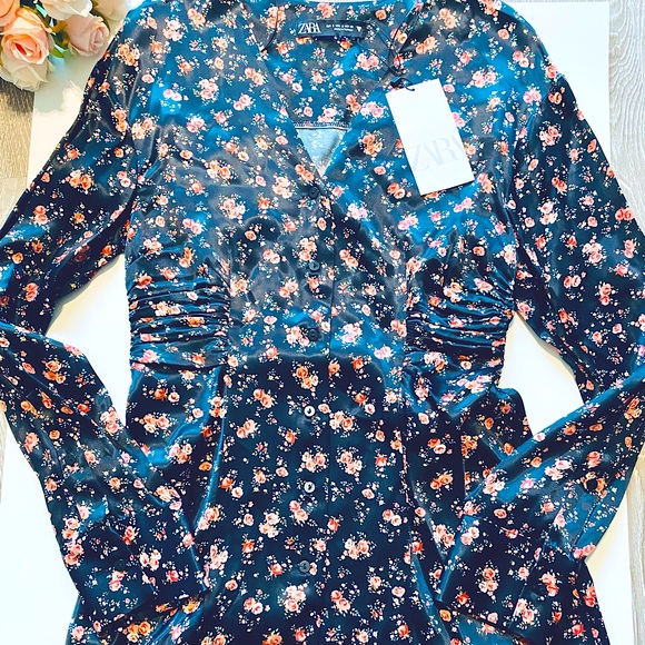 NWT ZARA Satin Vintage Boho flower print dress - Picture 5 of 6